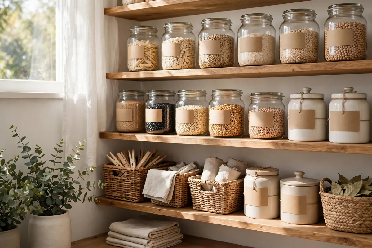 Beautifully organized pantry with glass jars, woven baskets and labeled containers