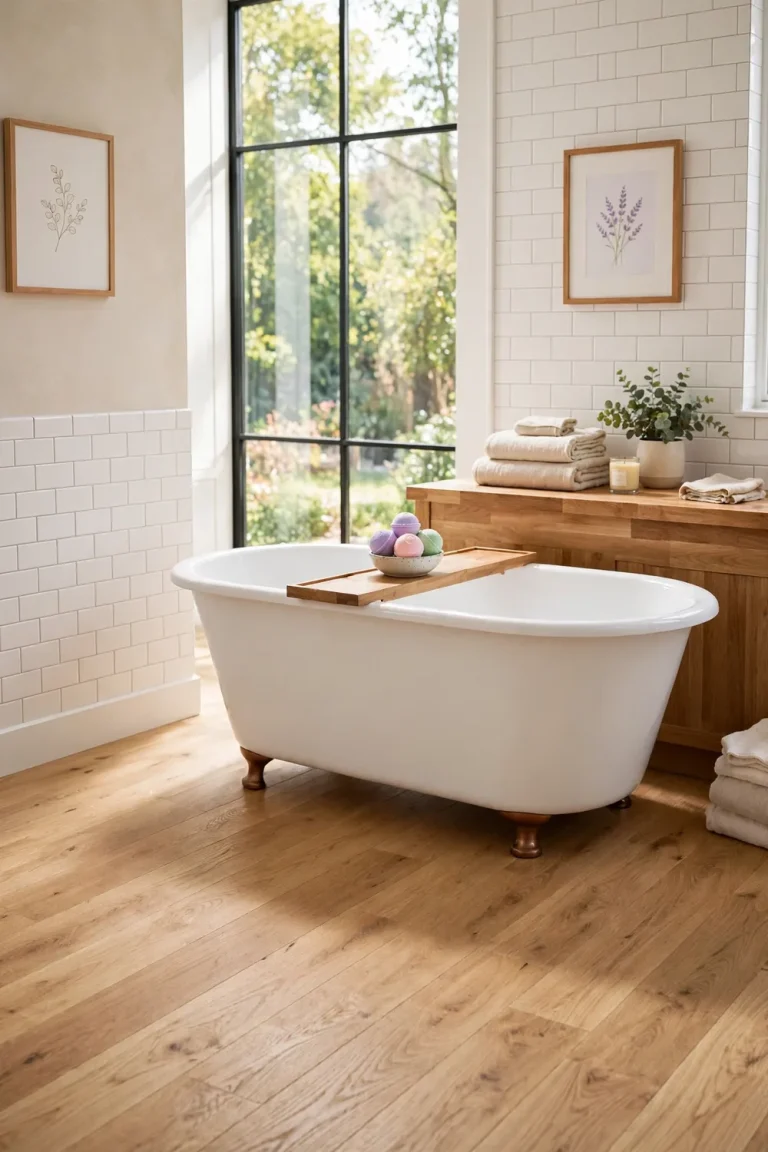 Bright modern bathroom with a freestanding soaking tub and a wooden tray holding a bowl of pastel homemade bath bombs