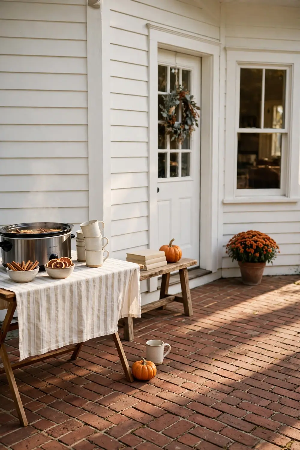 Outdoor welcome station on a brick patio with a slow cooker of hot apple cider, a stack of mugs, cinnamon sticks, and dried orange slices.