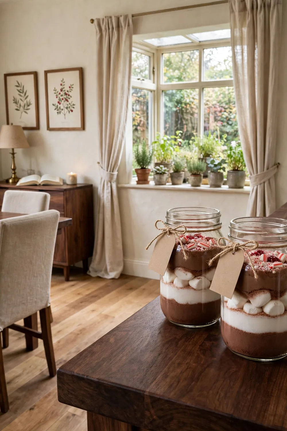 Layered hot cocoa mix in a mason jar with marshmallows and crushed candy cane on a dining table