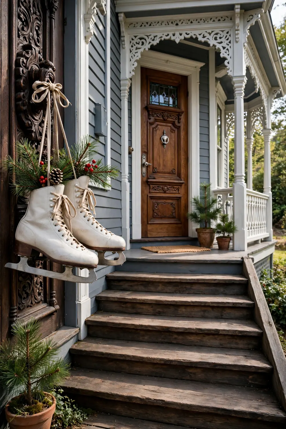 A pair of vintage ice skates filled with pine and berries hanging on a victorian wood door