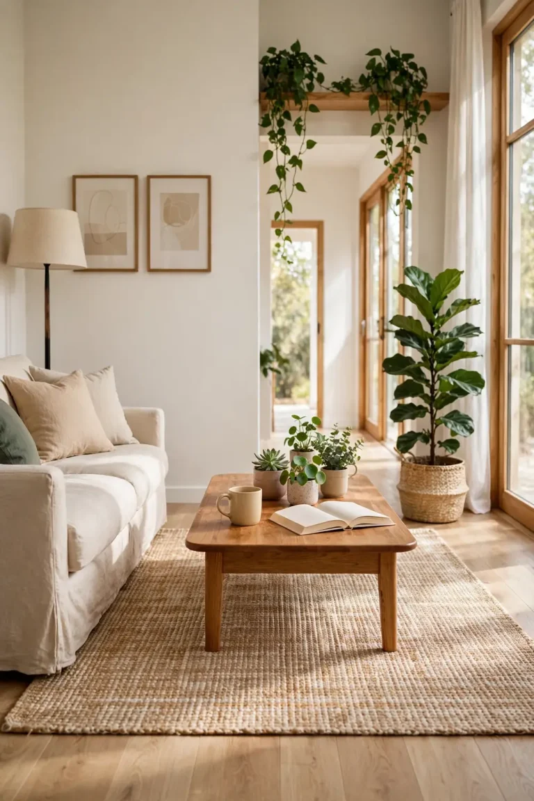 Bright modern living room filled with houseplants, a fiddle leaf fig, and shelves of trailing plants