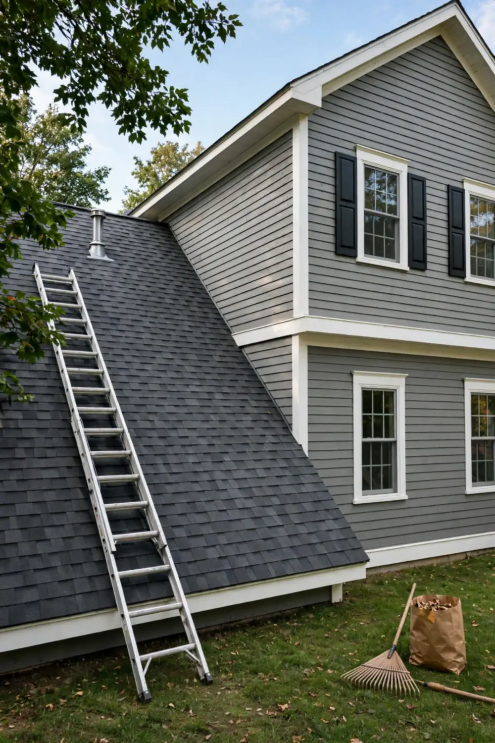 Shingled roof slope of a gray suburban home seen from a ladder, with clear sky and trimmed tree branches