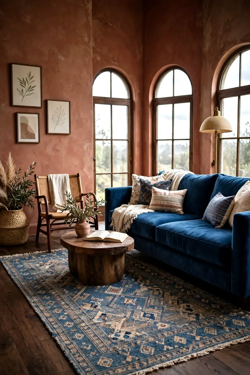 Sapphire blue velvet sofa with patterned pillows and a textured throw in a moody bohemian living room with terracotta walls