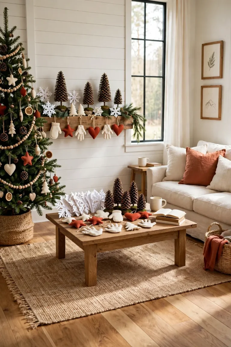 Living room with Christmas tree and handmade kids craft ornaments displayed on the mantel and coffee table