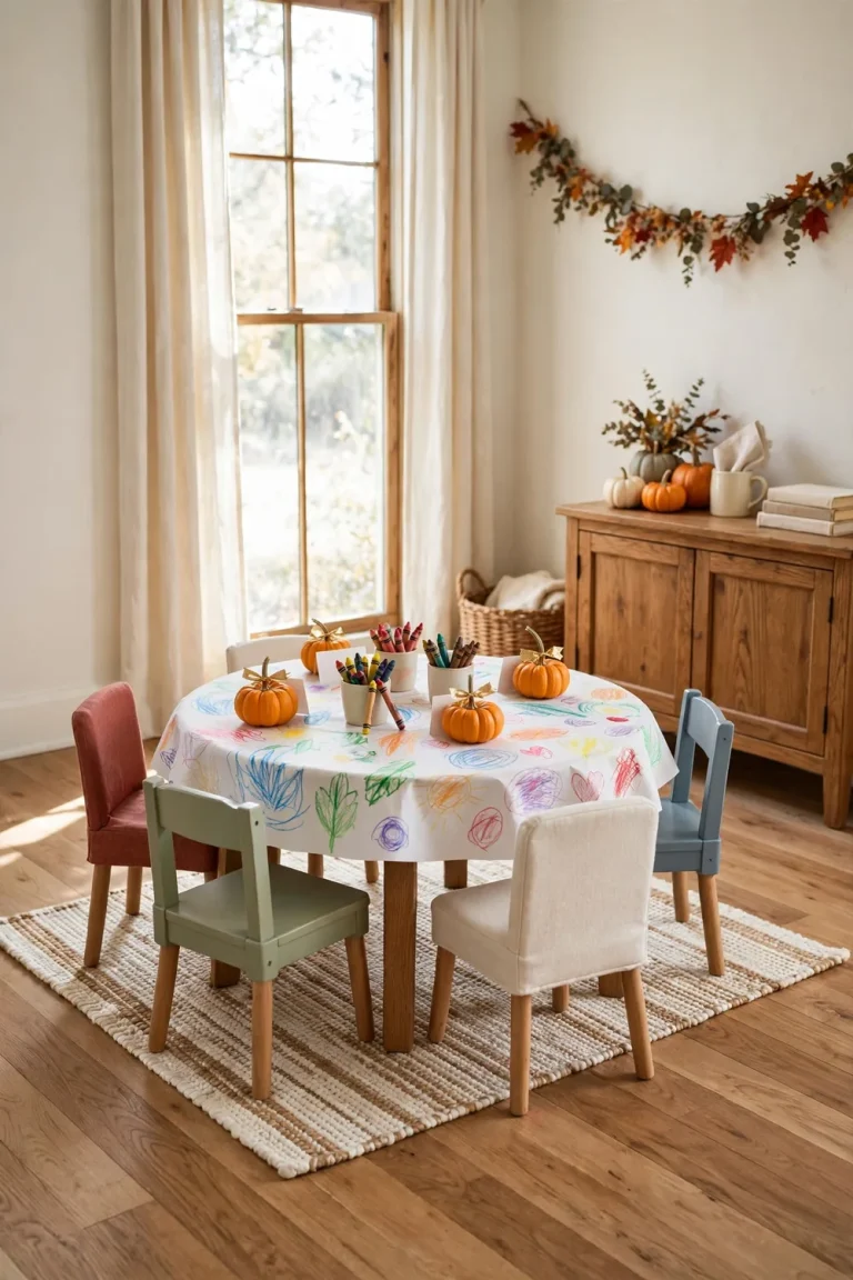 Kid sized Thanksgiving table with white paper tablecloth, crayon cups, mini pumpkins, and colorful chairs in a bright farmhouse dining room