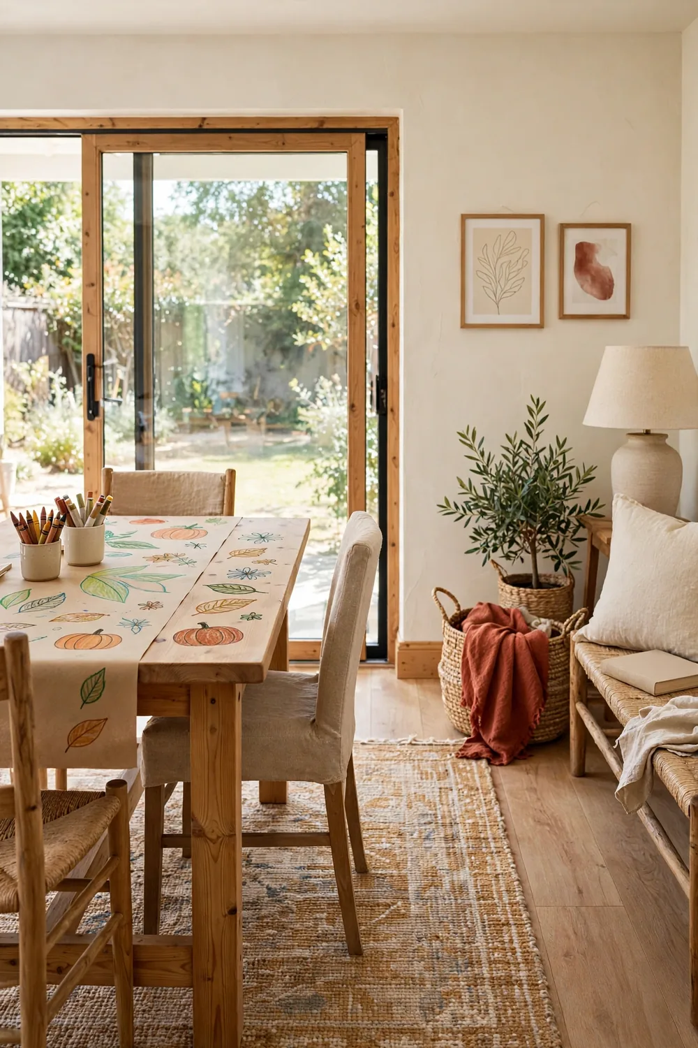 Dining table covered with kraft paper showing colorful hand-drawn doodles