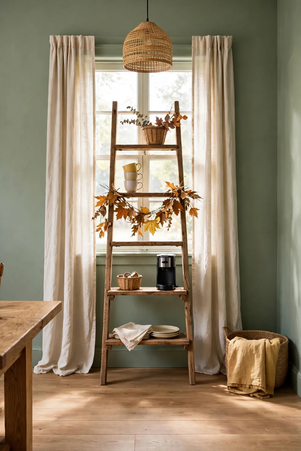 Rustic ladder shelf coffee bar in a sage green farmhouse dining corner with baskets, mugs, a small coffee maker, linen curtains, and mustard accents.