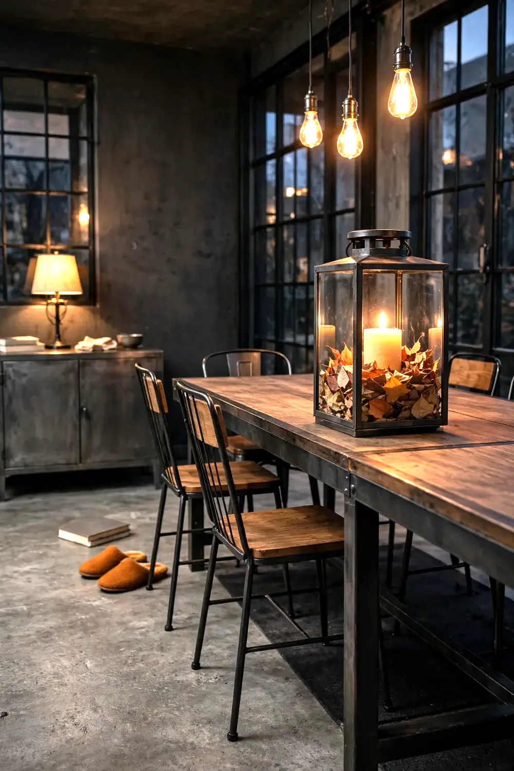 Glass lantern filled at the bottom with colorful dried leaves holding a glowing pillar candle on an industrial dining table
