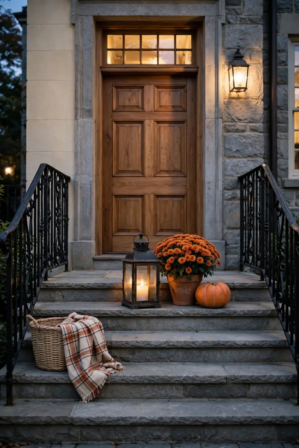 Black metal lantern glowing beside a pot of orange mums and a small pumpkin on stone colonial front steps at dusk.