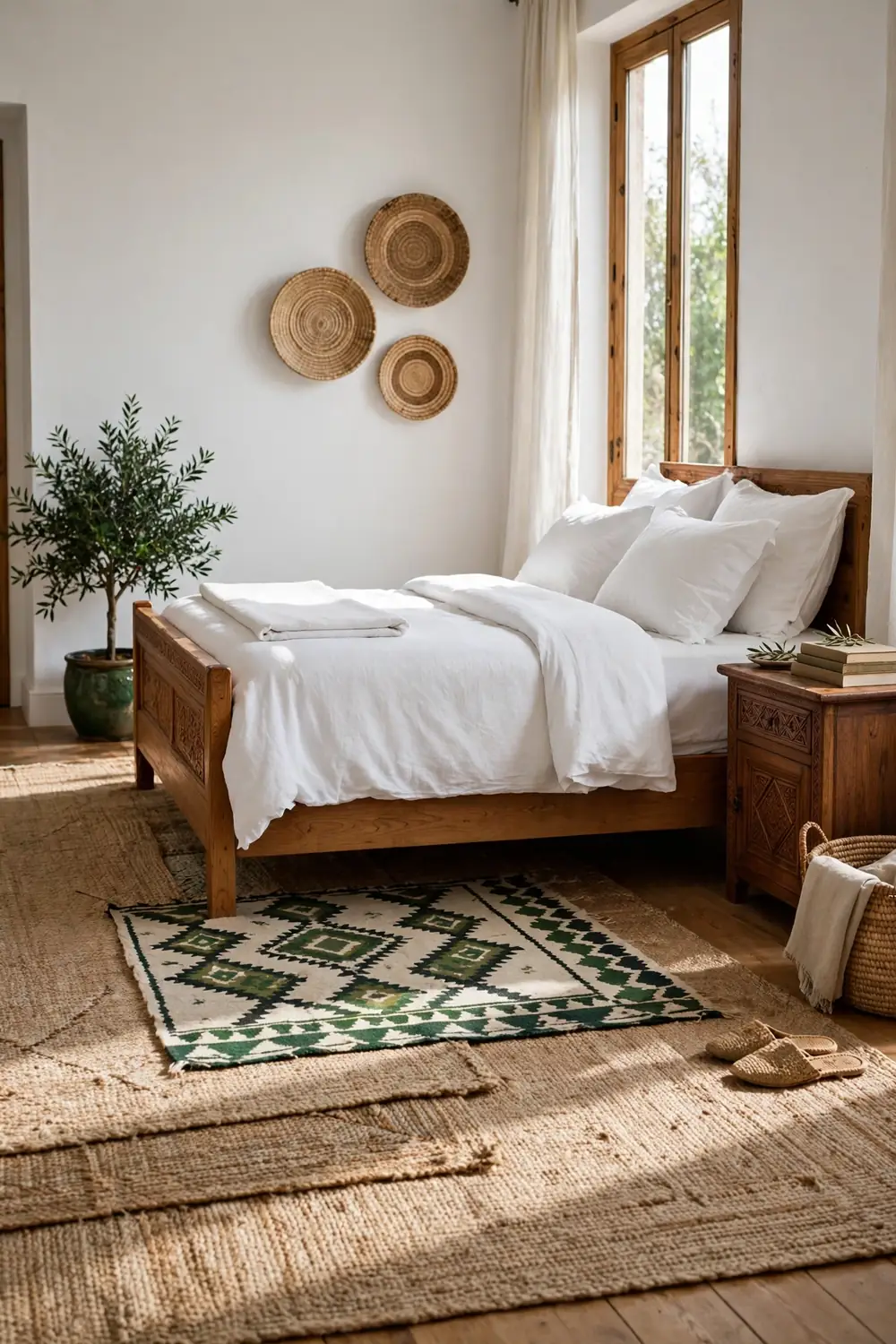 Patterned rug layered over a large jute rug beside a bed in a bright Moroccan-style bedroom