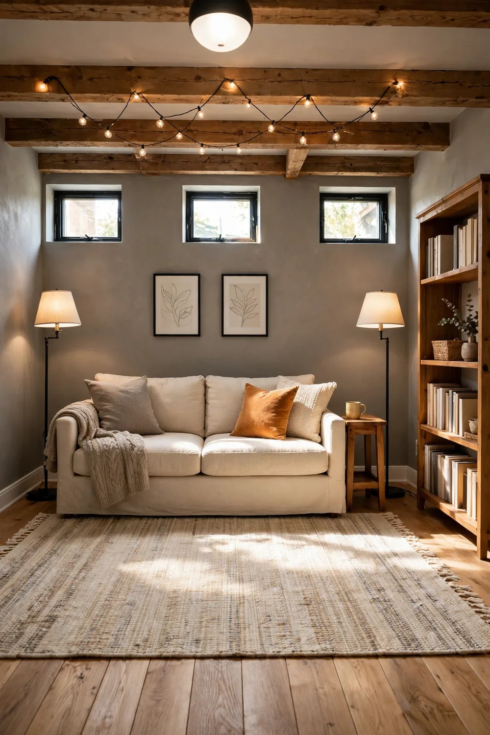 Basement teen lounge with a bright ceiling fixture, warm floor lamps, and string lights draped along wood beams in daylight