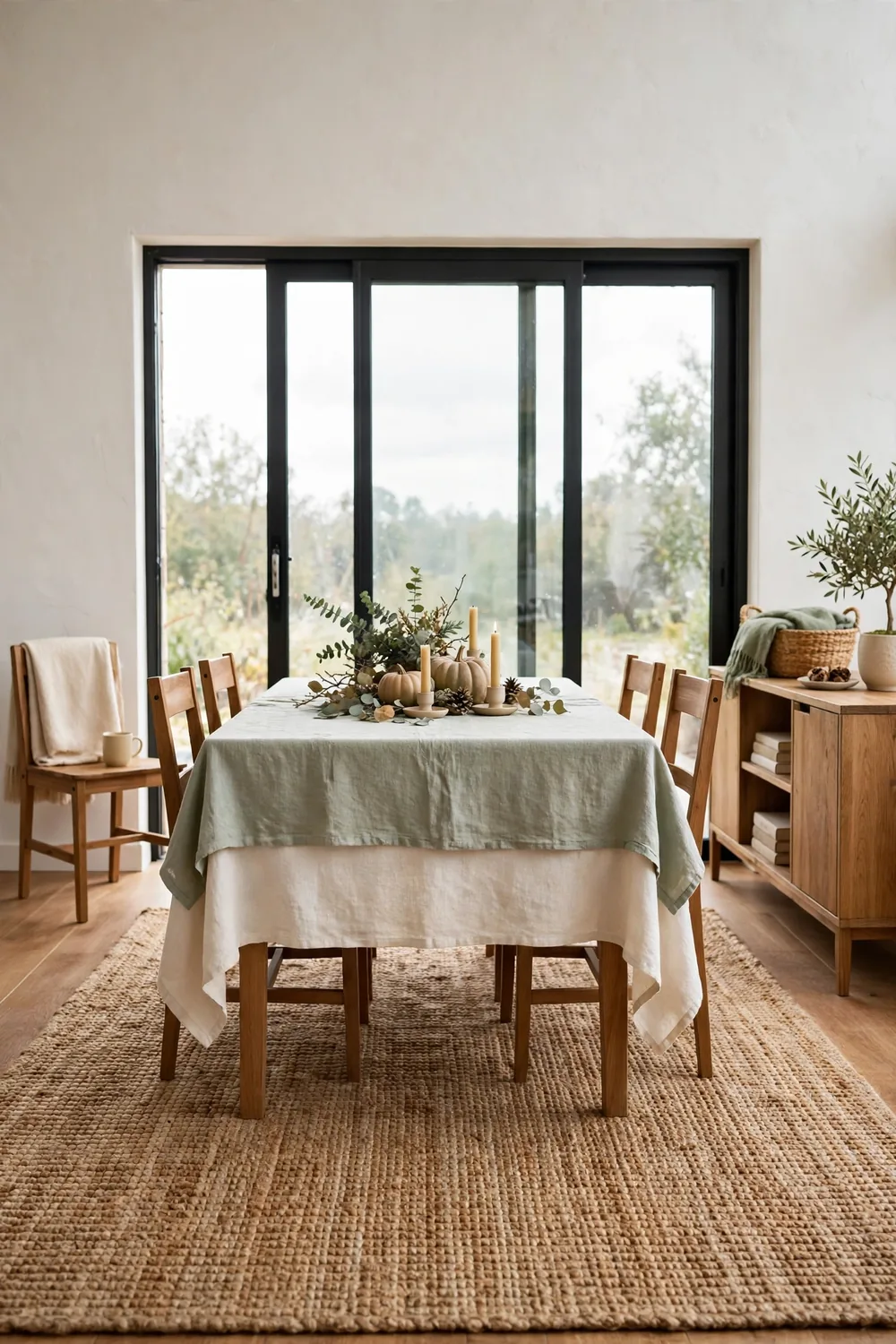 A Thanksgiving table with two layered linen tablecloths in cream and sage under a simple centerpiece