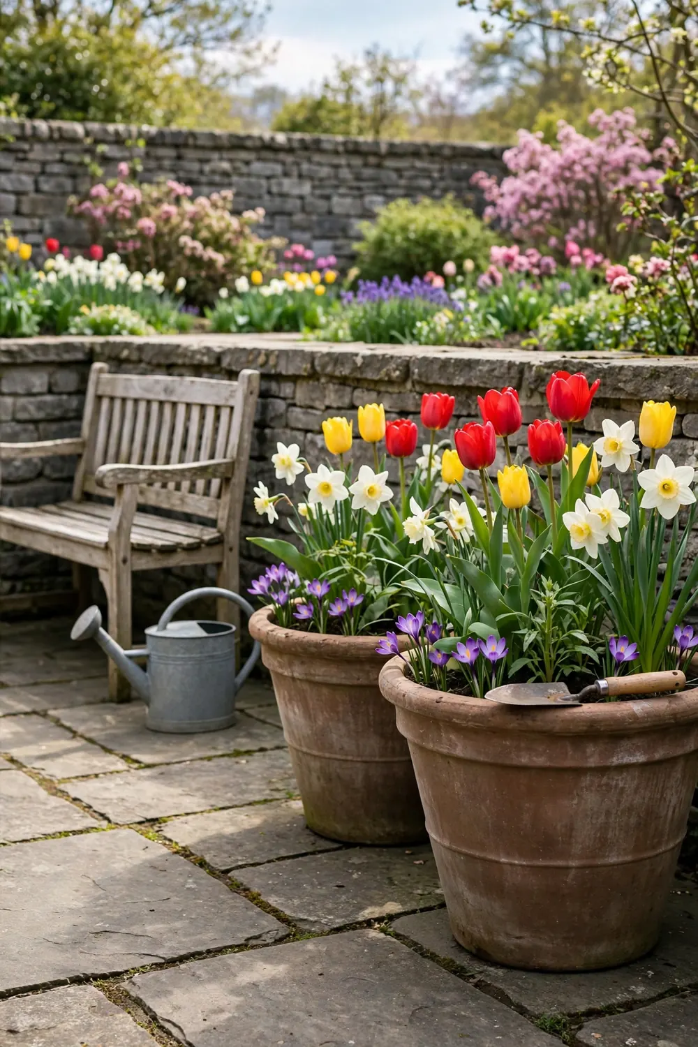 Large pots planted with layered spring bulbs showing tulips, daffodils, and crocus blooming together on a stone patio