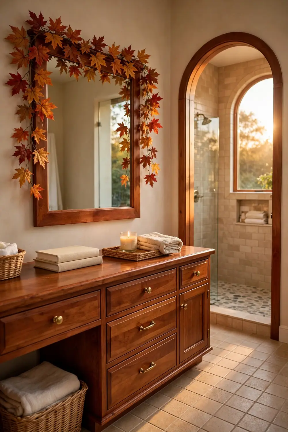 Traditional bathroom with a fall leaf garland in red and gold draped over the top of the mirror