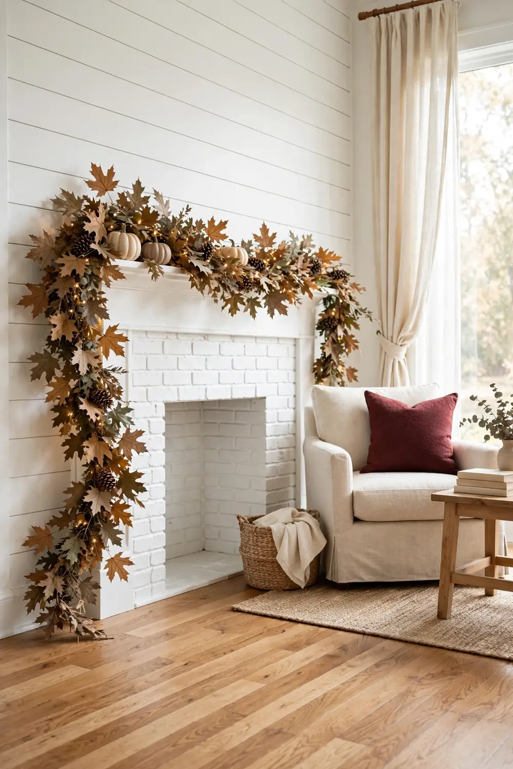 White farmhouse fireplace mantel draped with a full maple and oak leaf garland, pinecones, small faux pumpkins, and warm fairy lights