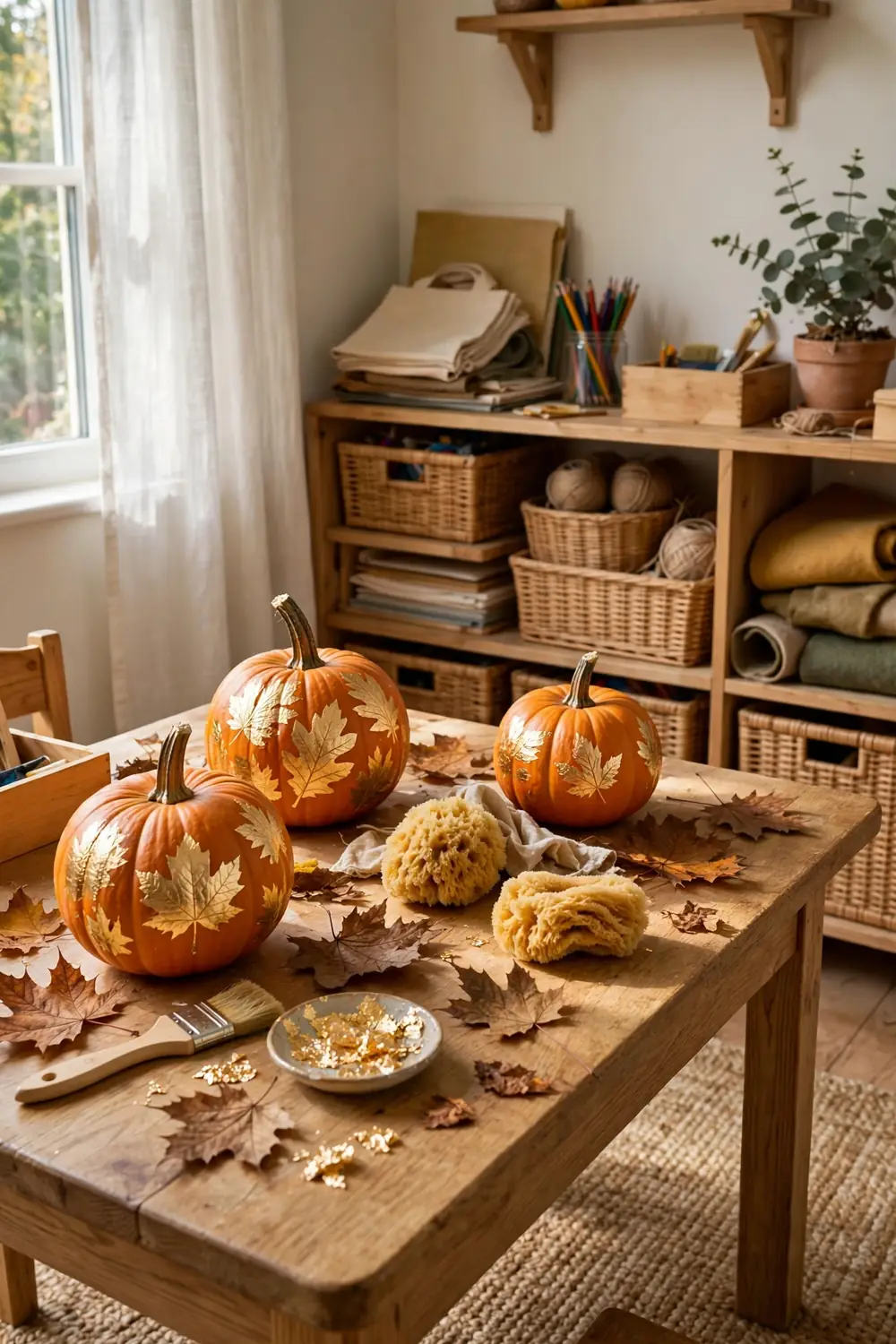 Gold leaf prints stamped on pumpkins in a playroom craft area