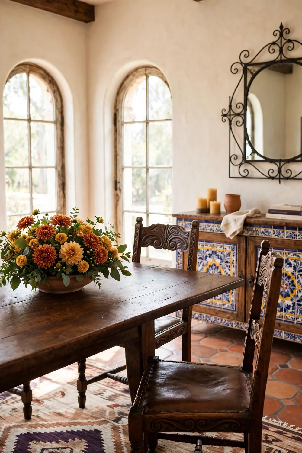 Low wide bowl of short cut garden mums and dahlias in rust and gold with green leaves on a Spanish style dining table
