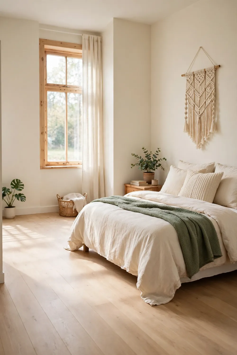Large knotted macrame wall hanging centered over a bed with neutral linen bedding in soft daylight