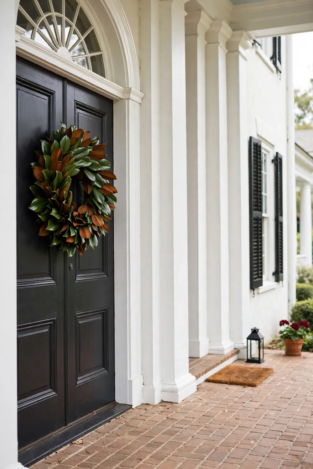 Southern colonial home with white columns, a dark front door, and a glossy magnolia leaf wreath