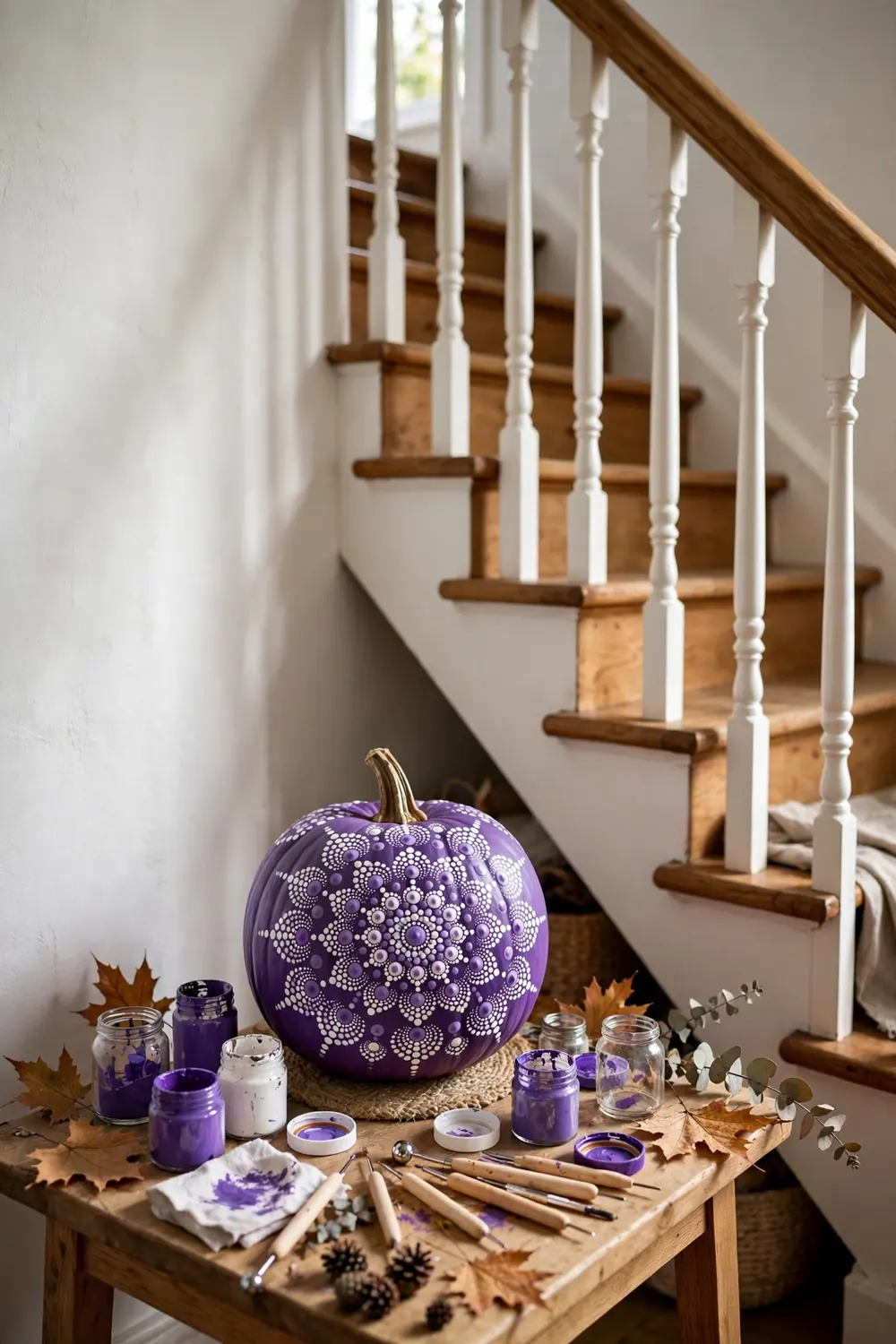 Purple and white mandala dot design painted on a pumpkin by a staircase