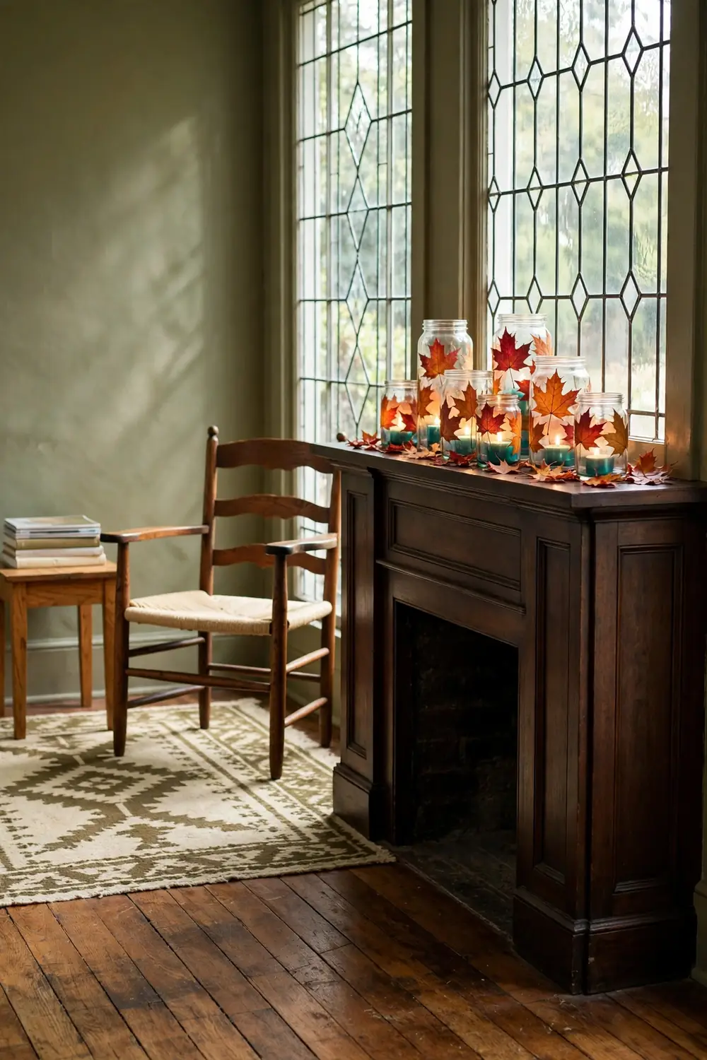 Glass jars wrapped with pressed red and orange maple leaves holding tealights on a craftsman bungalow mantel surrounded by loose leaves