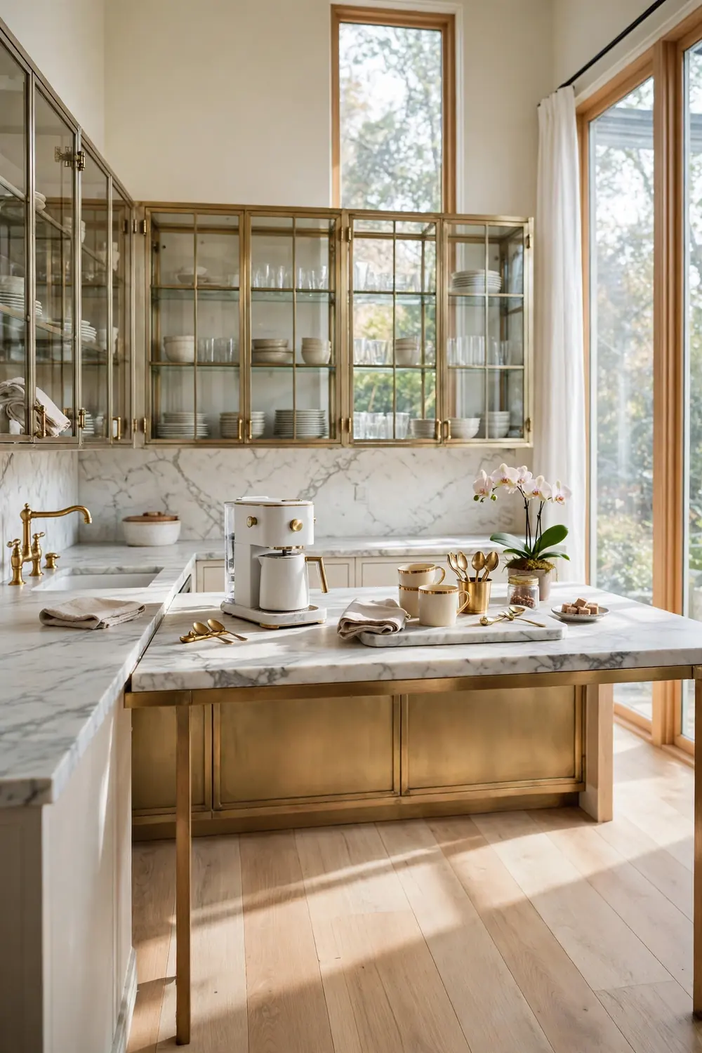 Marble and warm metals coffee bar in a white marble kitchen with brass fixtures, glass cabinets, a marble tray, gold-rimmed mugs, and brass accents.