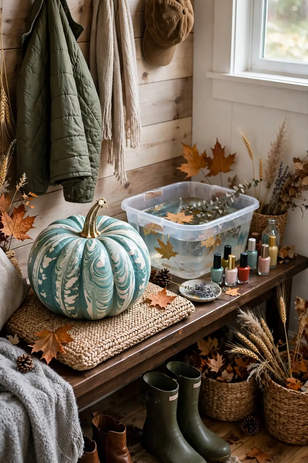 Teal and white marbled swirls on a pumpkin in a mudroom