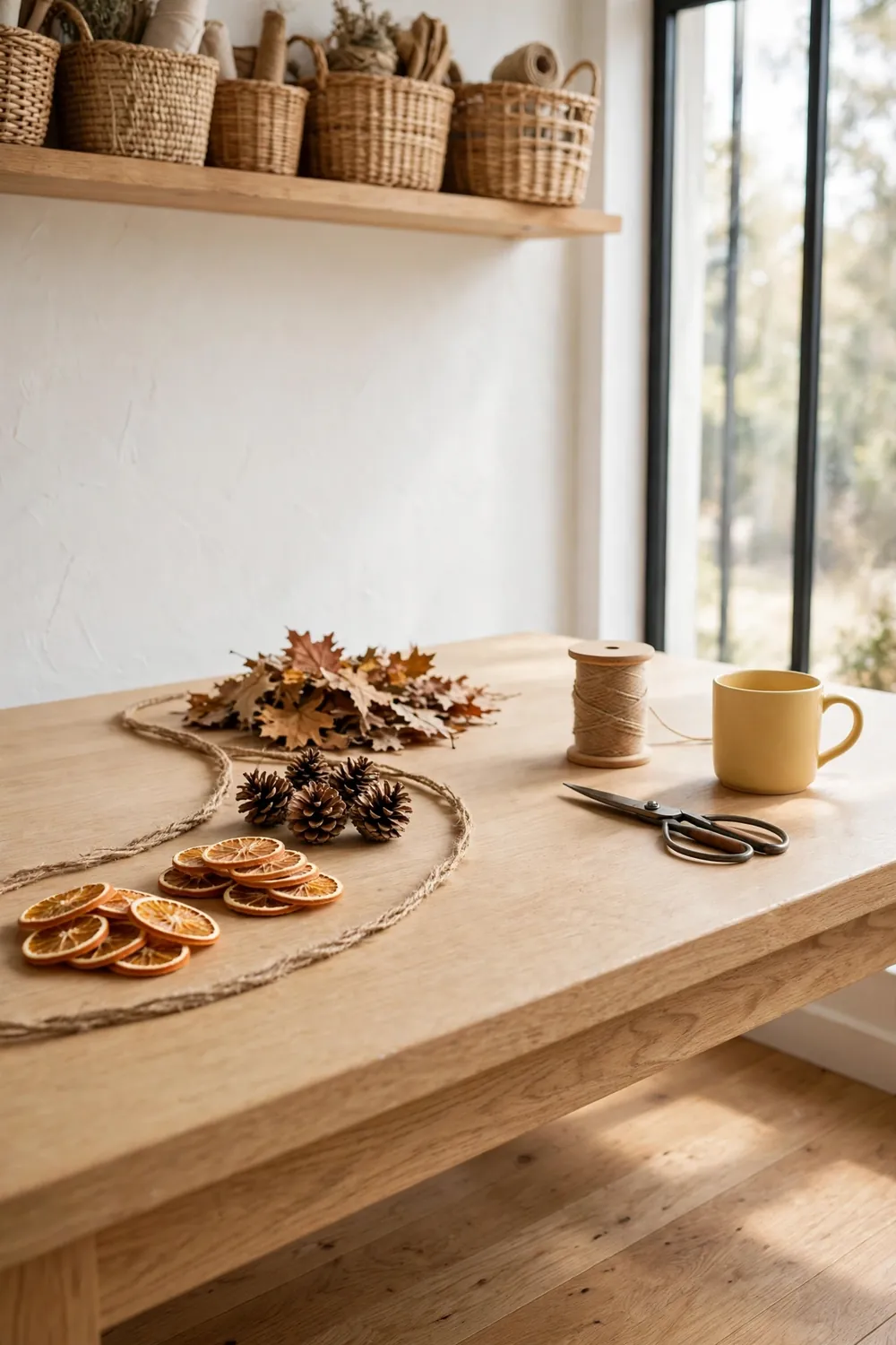 Jute twine laid in a curve on a craft table with sorted piles of dried orange slices, pinecones, and fall leaves