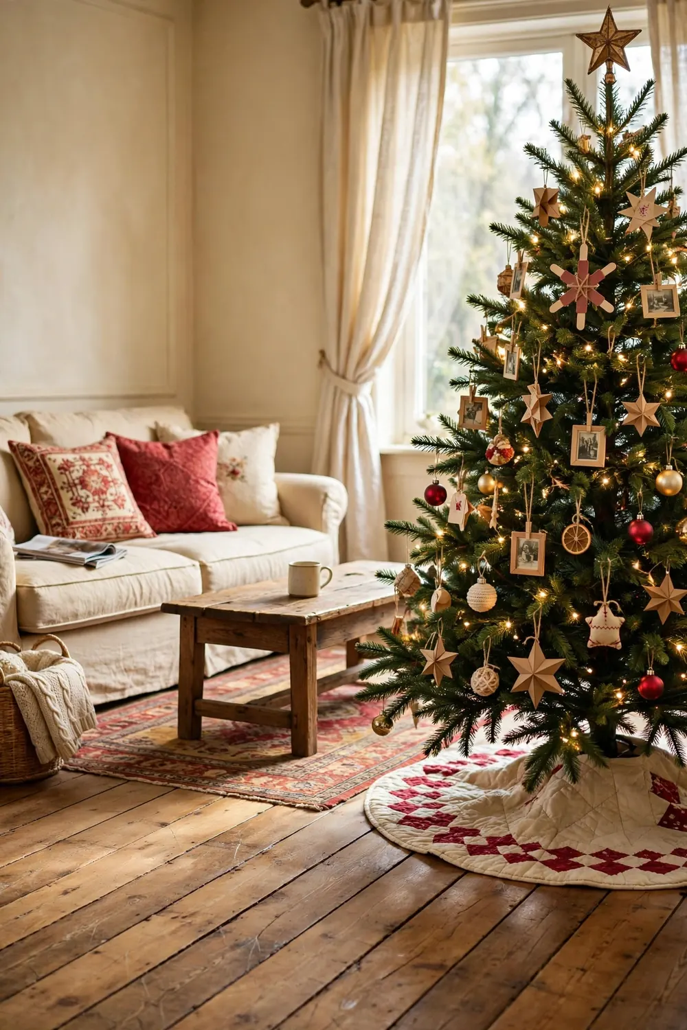 An heirloom Christmas tree with handmade ornaments, school crafts, and photo ornaments in a cozy traditional living room