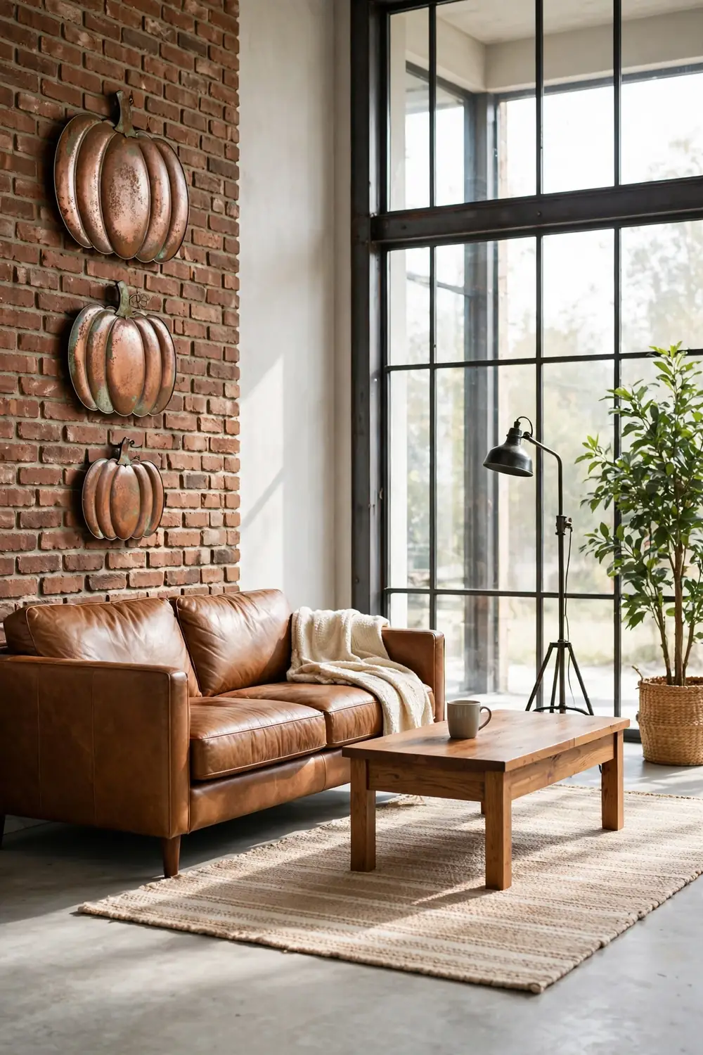 Metal pumpkin wall art with a copper patina on an industrial living room wall