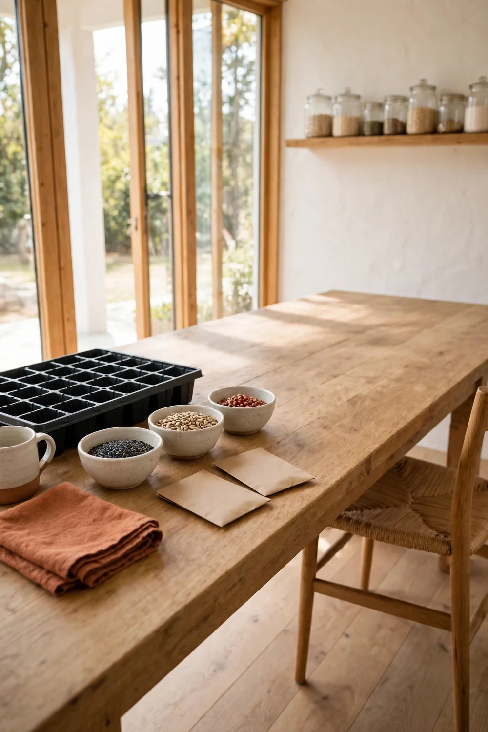 Small bowls of broccoli, radish, and sunflower microgreen seeds with plain seed packets and an empty tray on the kitchen table