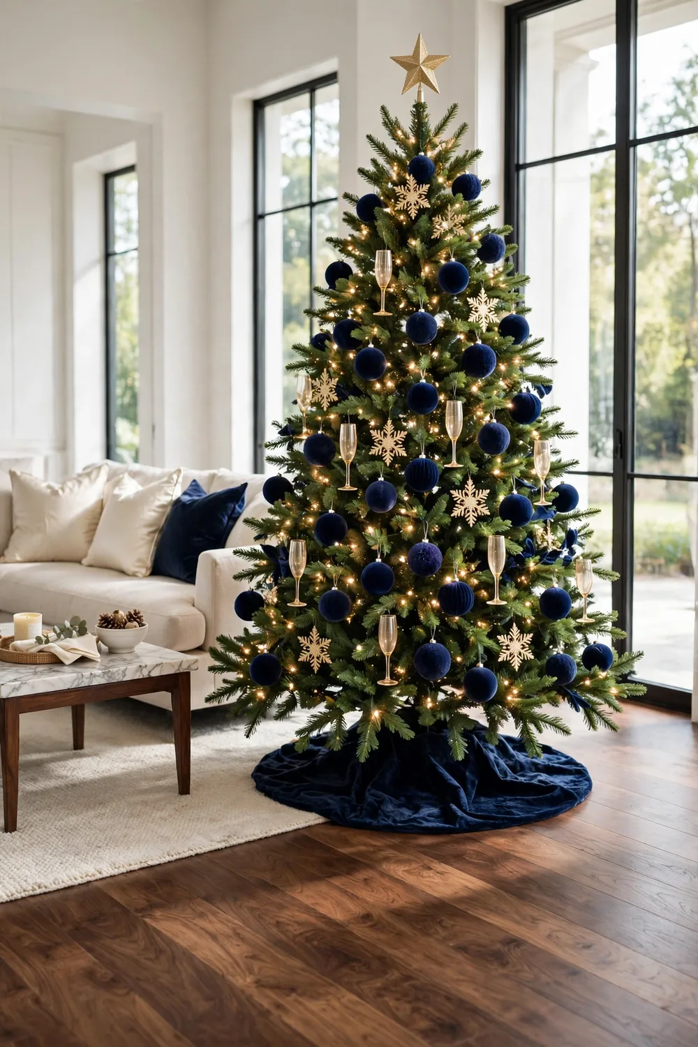 A Christmas tree with navy velvet balls, champagne glass ornaments, and gold snowflakes in an elegant living room