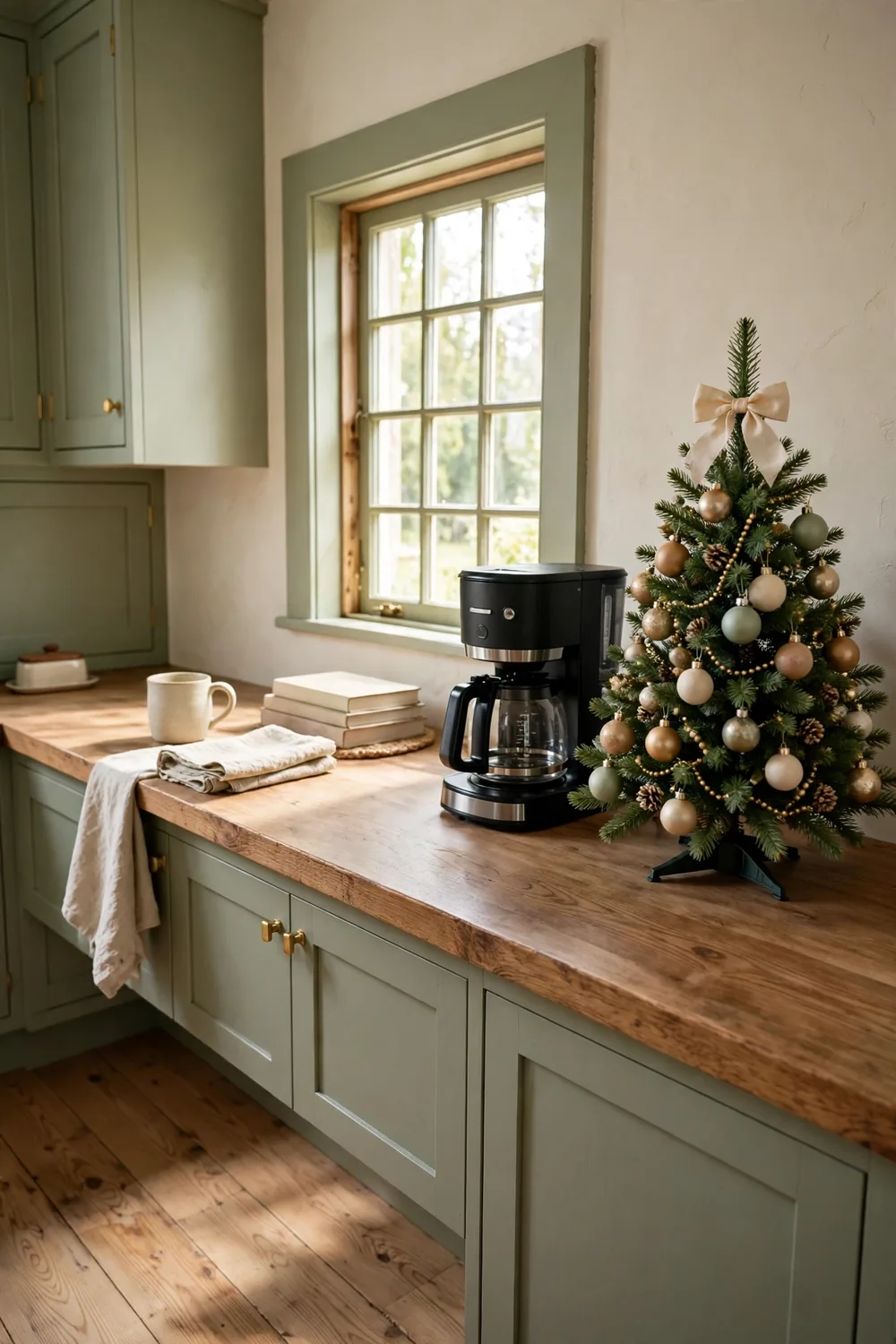 Small decorated tabletop Christmas tree with tiny ornaments on a kitchen counter next to a coffee maker