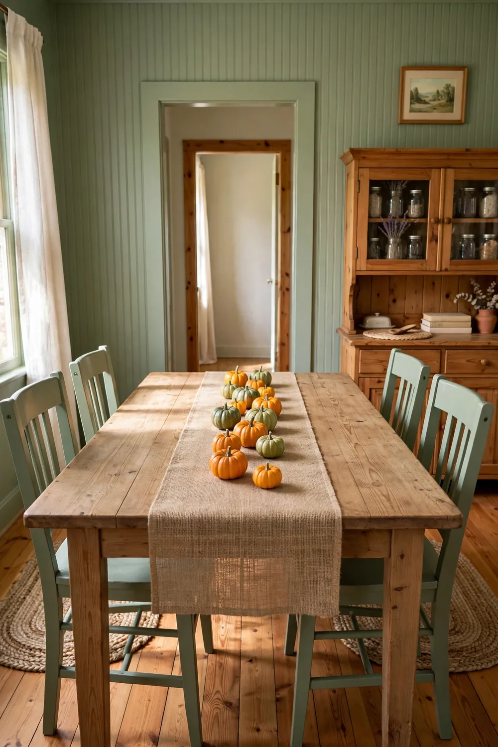 Burlap runner down a cottage dining table scattered with mini gourds in orange and green with gaps left for serving dishes