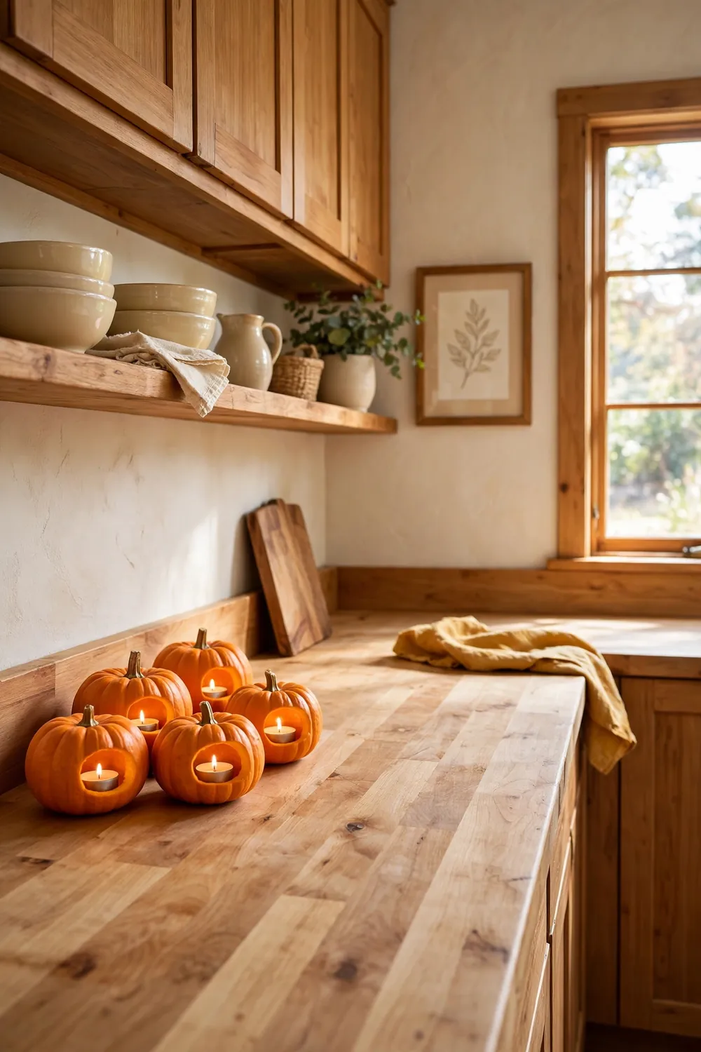 Mini orange pumpkins hollowed into tea light holders glowing on a butcher block kitchen counter