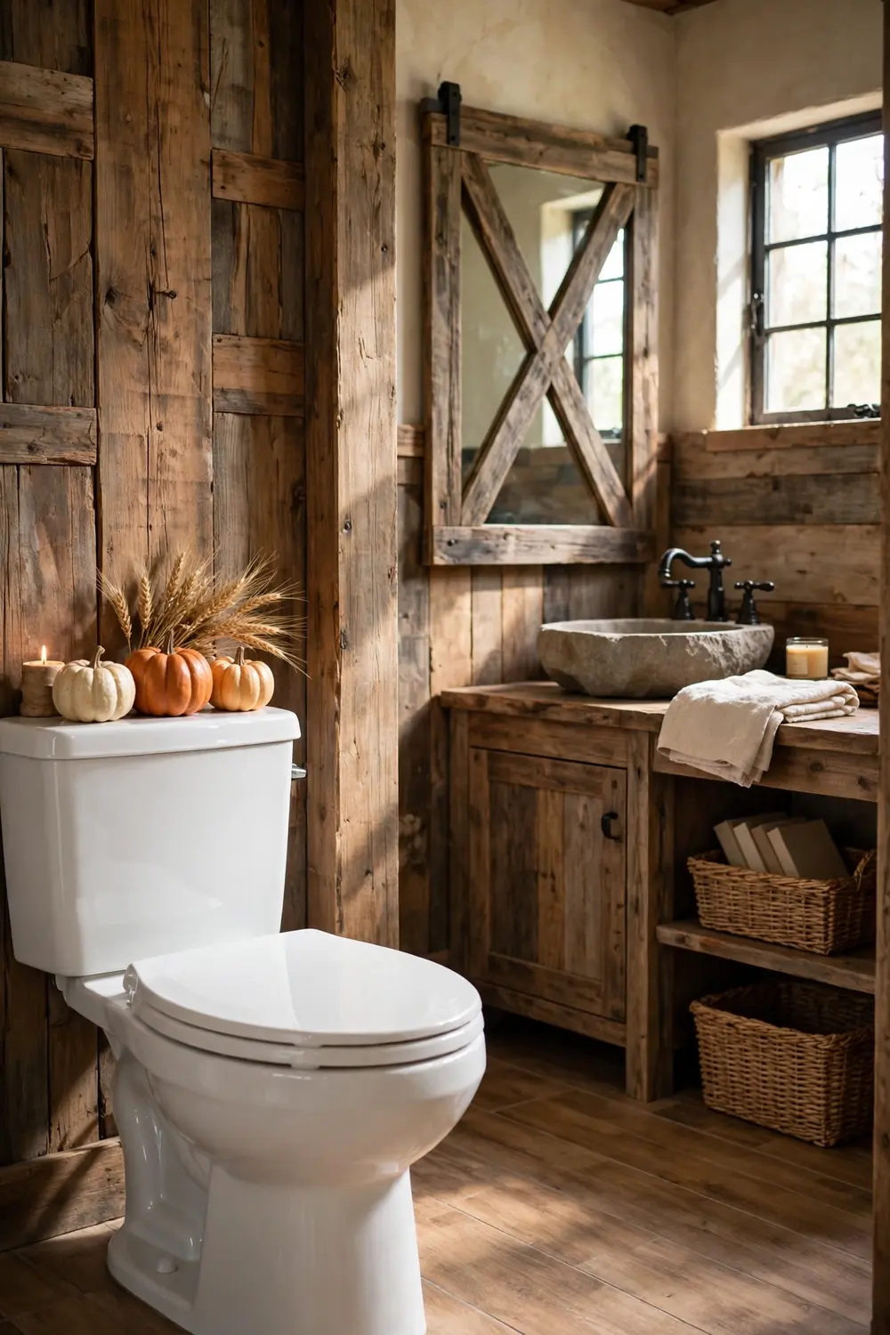 Rustic bathroom with three small cream and orange pumpkins lined up on the toilet tank lid