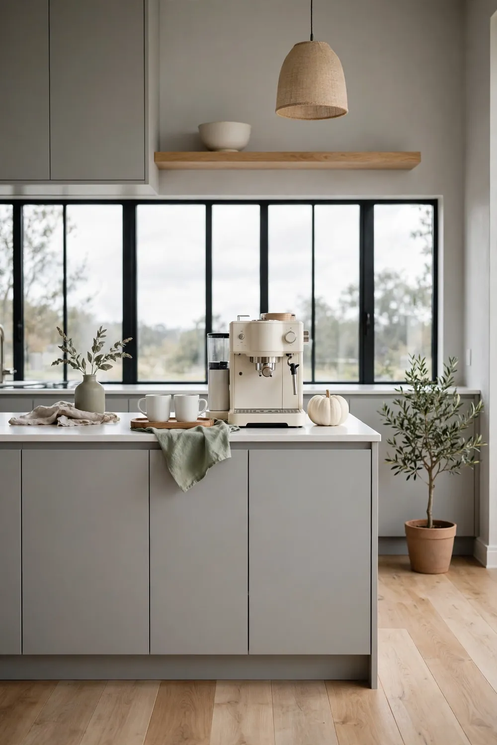 Minimalist cream coffee setup in a soft gray kitchen with a cream coffee machine, white mugs, one small pumpkin, white counters, and soft sage accents.