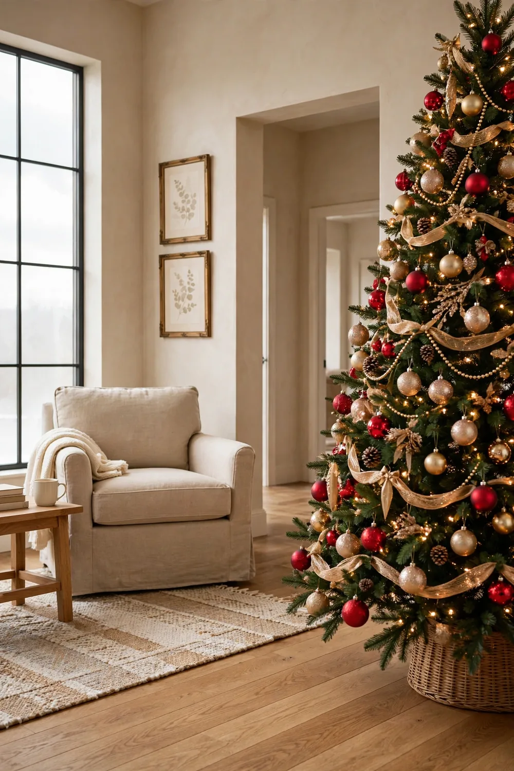 Christmas tree filled with mixed shiny matte and glittered ornaments in red gold and champagne tones