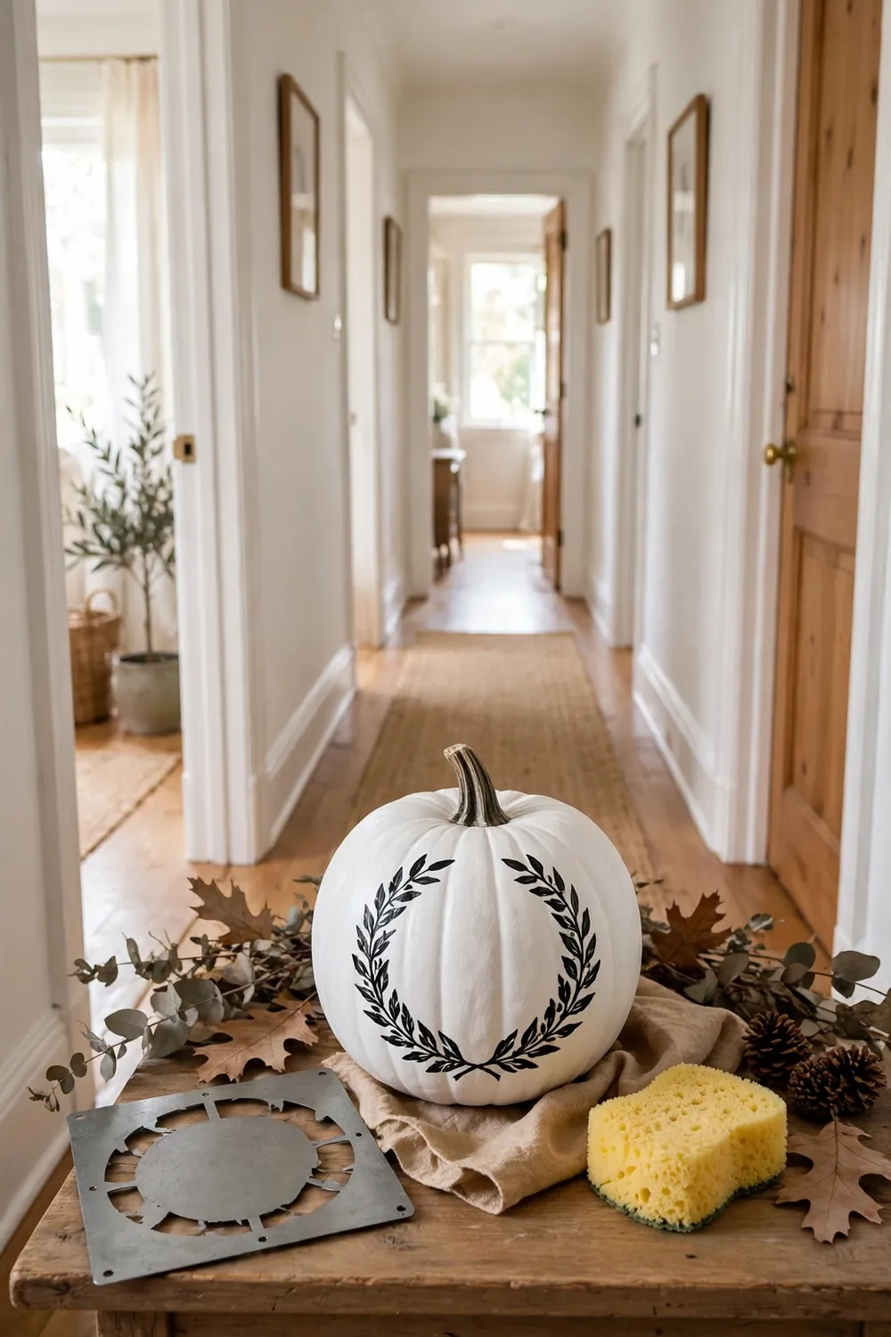 Black monogram letter painted on a white pumpkin in a hallway