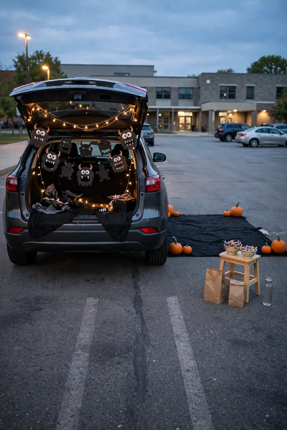 A car trunk at dusk with battery string lights and a black rug dance floor behind the car
