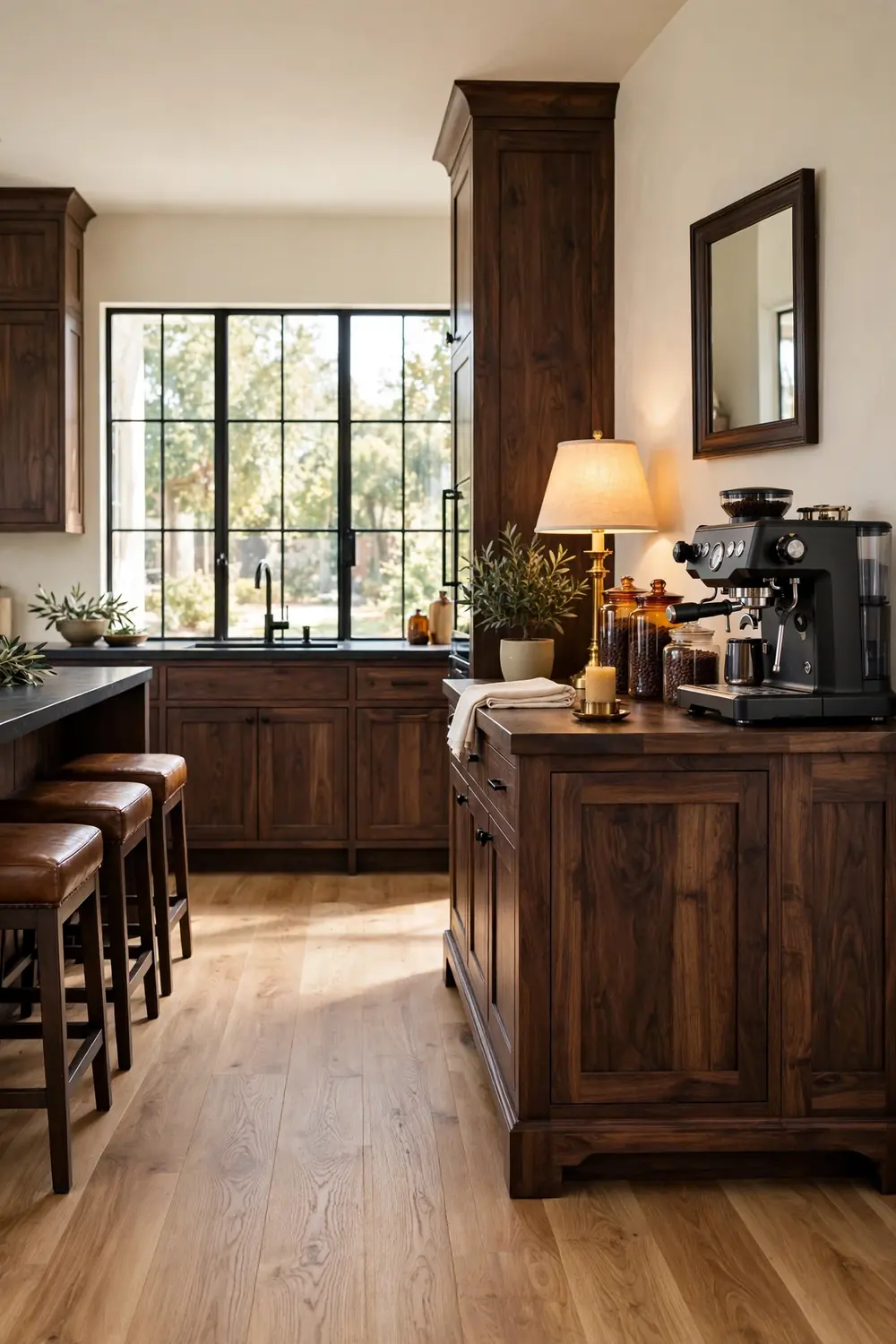 Moody dark wood coffee station with a walnut sideboard, espresso machine, amber glass jars, brass lamp glow, and deep green accents in a dark kitchen.