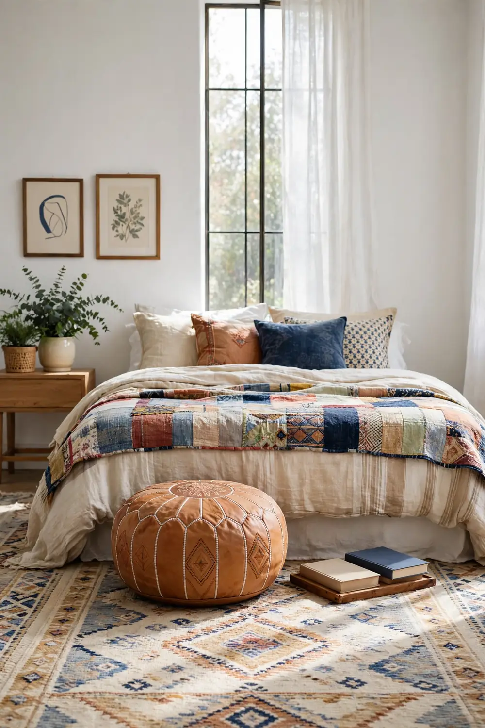 Embroidered Moroccan leather pouf at the foot of a bed in a colorful eclectic bedroom