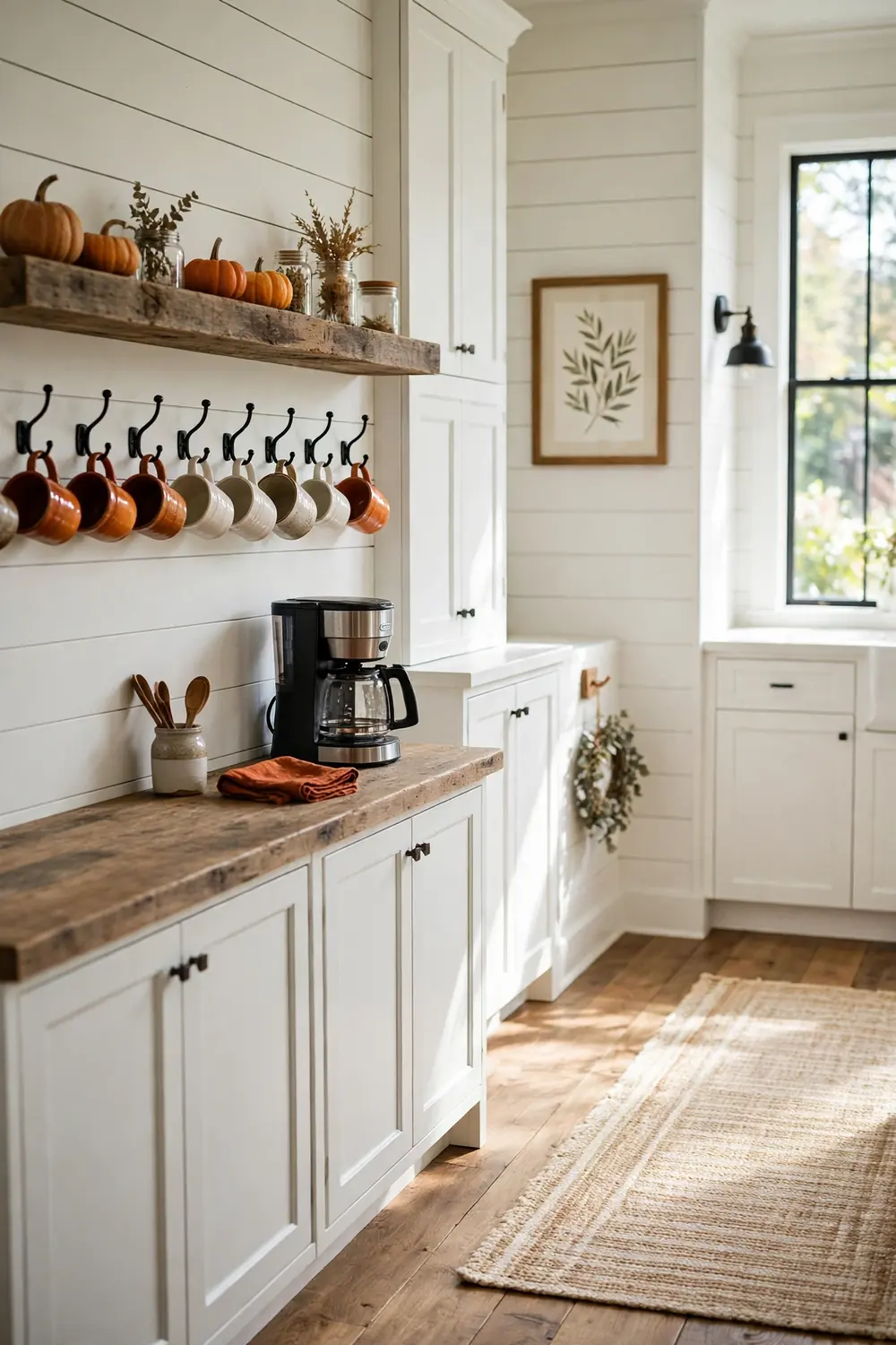 Mug collection wall display in a farmhouse kitchen with shiplap, reclaimed wood shelves, hanging seasonal mugs on hooks, and rust orange accents.