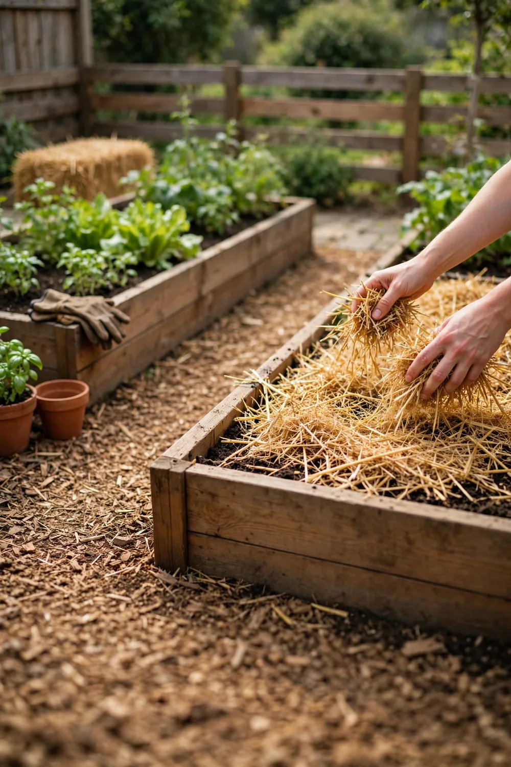 Hands spreading a thick layer of straw mulch over a newly planted garlic bed