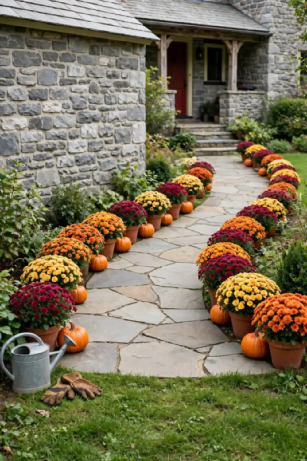 Pots of colorful mums lining both sides of a curved flagstone walkway with small pumpkins between pots