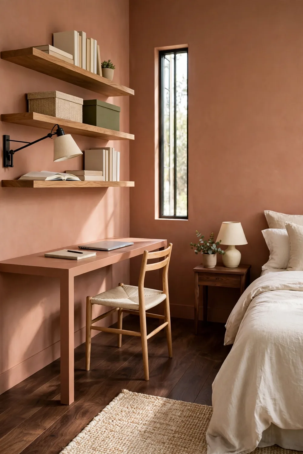 Slim clay-colored desk with three floating oak shelves above in a minimalist bedroom corner with a narrow window