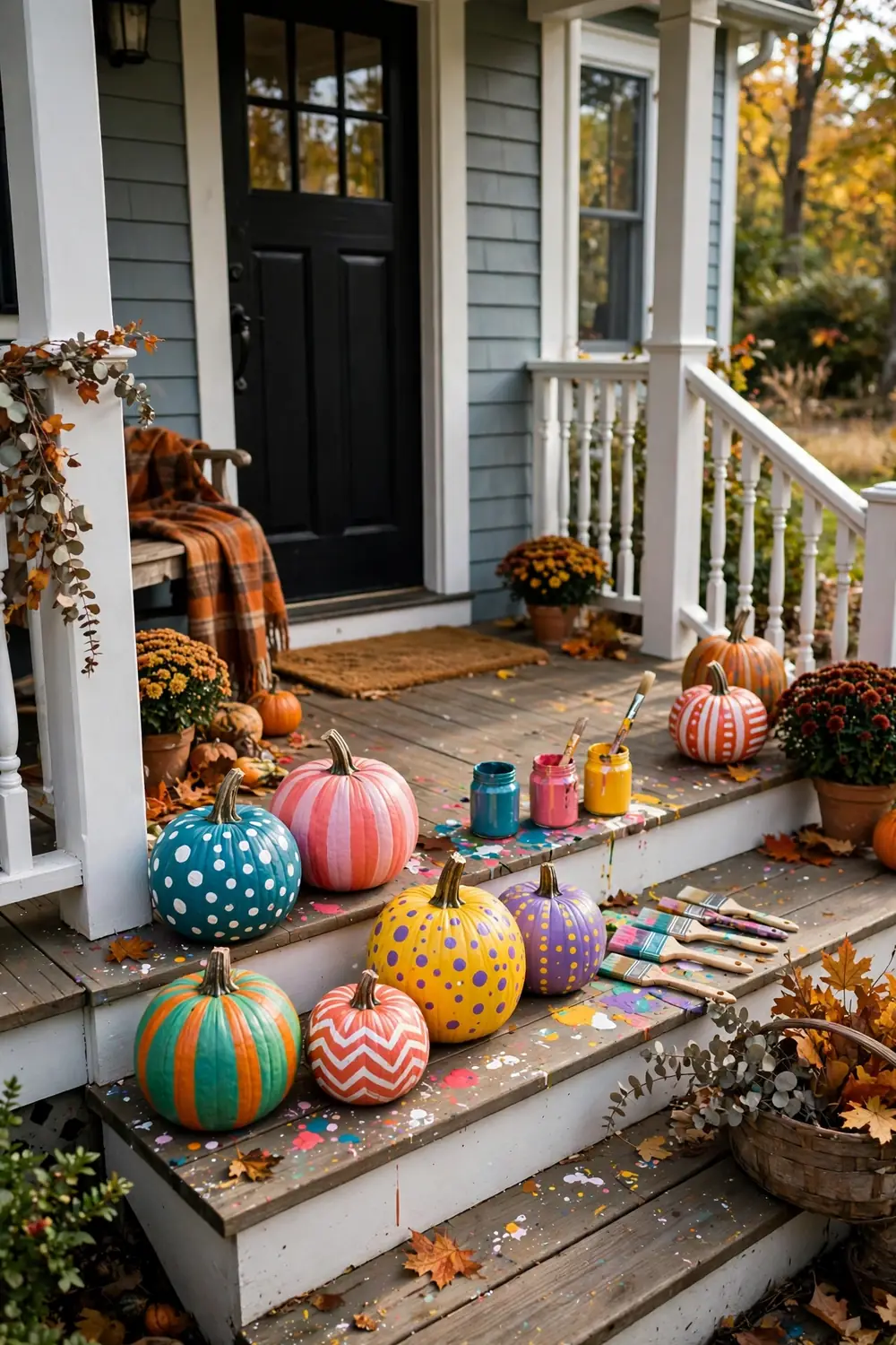Painted pumpkins in bright fall designs displayed on a front porch with paint supplies