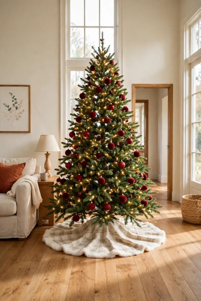 Decorated Christmas tree with a cream plaid no-sew tree skirt and white faux fur trim on an oak floor