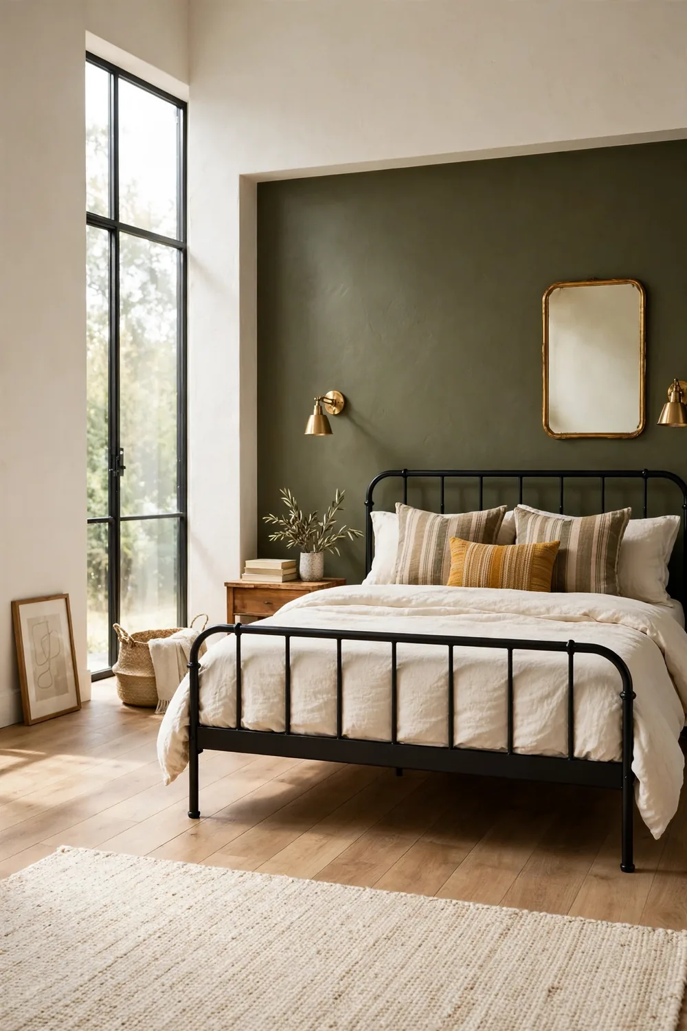 Moody modern bedroom with an olive green accent wall behind a black bed frame, cream bedding, and daylight